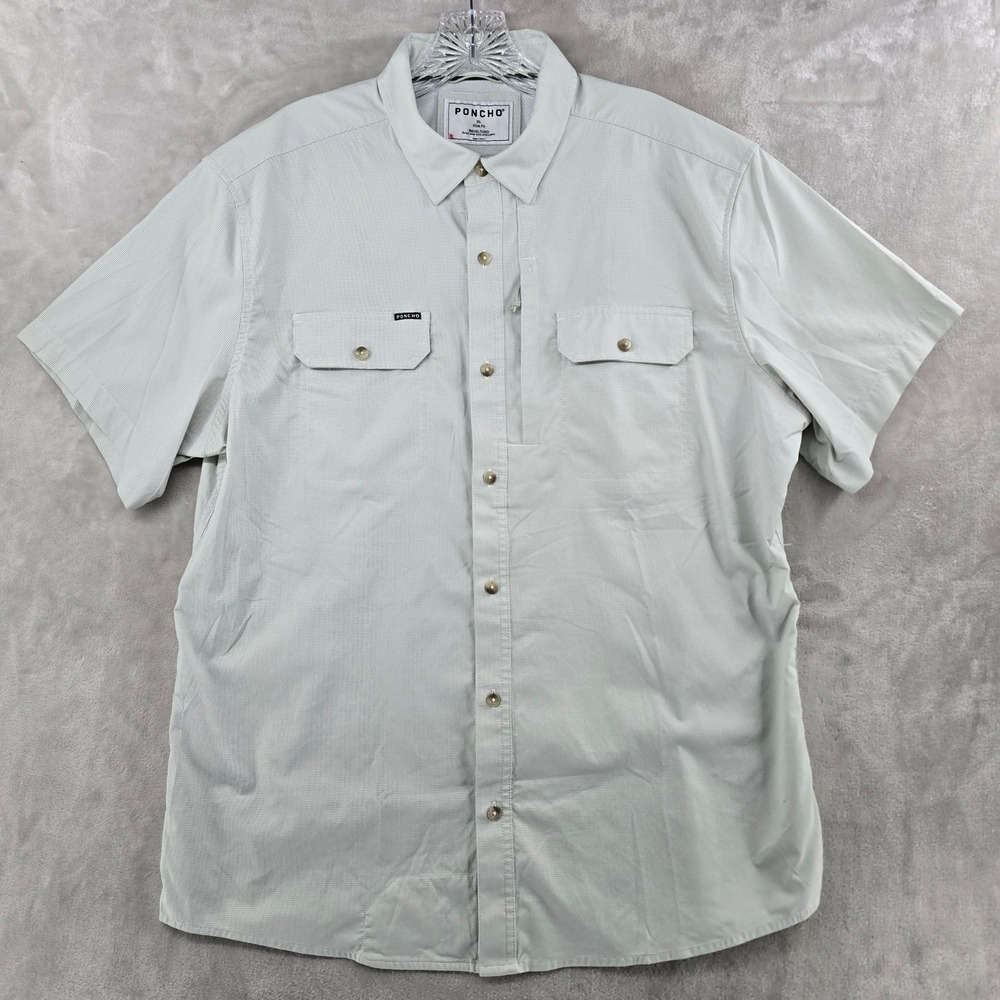 Poncho Button Down Shirt Mens XL Slim Fit Green Short Sleeve Magnetic Pockets